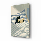 Tableau en verre Reading Black Cat Blue Striped Bed - 72x46 cm