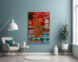 Seated Leopard Bold Chinoiserie Glass Wall Art