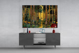 Golden Forest Path Ornamented Tree Trunks Glass Wall Art