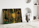 Golden Forest Path Ornamented Tree Trunks Glass Wall Art