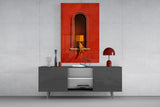 Red Wall Arched Niche Book Reader Glass Wall Art