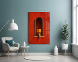 Red Wall Arched Niche Book Reader Glass Wall Art