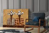 Cowgirl Duo Cow-Print Hats Warm Tones Glass Wall Art