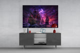 Pirate Galleon Fleet Crimson Purple Sky Glass Wall Art