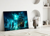 Ghost Pirate Ships Glowing Teal Storm Glass Wall Art