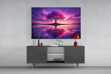 Violet Blossom Tree Twilight Reflection Glass Wall Art