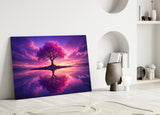Violet Blossom Tree Twilight Reflection Glass Wall Art