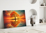 Autumn Amber Tree Sunset Reflection Glass Wall Art