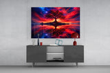 Crimson Tree Fiery Sky Cosmic Glass Wall Art