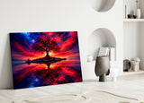 Crimson Tree Fiery Sky Cosmic Glass Wall Art
