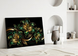 Emerald and Gold Lilies Black Glass Wall Art