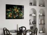 Emerald and Gold Lilies Black Glass Wall Art