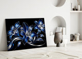 Sapphire Blue and Silver Lilies Glass Wall Art