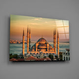 Golden Sunset Six-Minaret Mosque Glass Wall Art