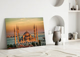 Golden Sunset Six-Minaret Mosque Glass Wall Art