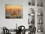 Golden Sunset Six-Minaret Mosque Glass Wall Art