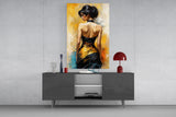 Golden Grace Woman in Black and Gold Gown Glass Wall Art