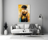 Golden Grace Woman in Black and Gold Gown Glass Wall Art