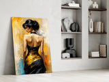 Golden Grace Woman in Black and Gold Gown Glass Wall Art