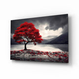 Red Maple Tree by a Misty Lake Glass Wall Art