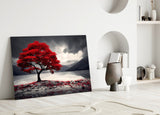Red Maple Tree by a Misty Lake Glass Wall Art