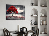 Red Maple Tree by a Misty Lake Glass Wall Art