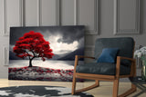 Red Maple Tree by a Misty Lake Glass Wall Art