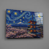 Mount Fuji Pagoda Van Gogh Style Glass Wall Art