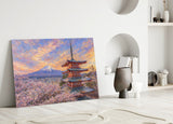 Mount Fuji Pagoda Monet Style Glass Wall Art