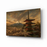 Glasbild Mount Fuji Pagoda Da Vinci Style - 72x46 cm
