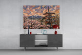 Mount Fuji Pagoda Cubist Style Glass Wall Art