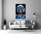Blue Orchid Masked Woman Surreal Glass Wall Art