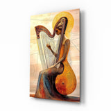 Golden Harpist Woman Art Deco Glass Wall Art - 72x46 cm