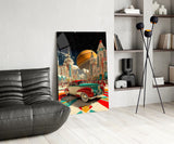 Retro Future City and Classic Car Glass Wall Art