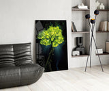Glowing Golden Tree at Night Glass Wall Art