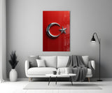 Chrome Crescent and Star on Red Glass Wall Art