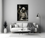 Silver Masked Oracle with Book Dark Glass Wall Art