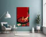 Roulette Wheel and Chess King Casino Illustration Glass Wall Art
