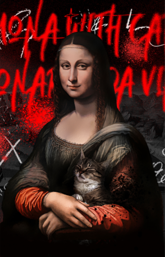 Arte della parete di vetro Mona Lisa, l'amante dei gatti || Collezione designer