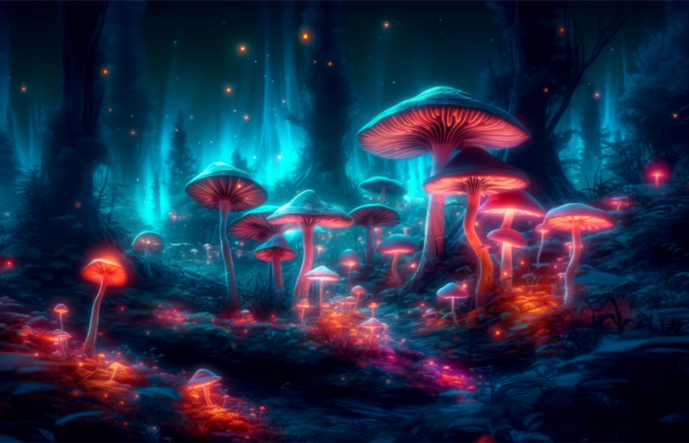 Neon Mushroom Forest Glass Wall Art || Designer Collection