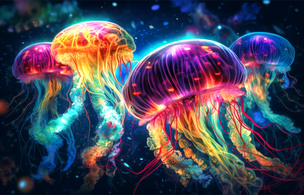 Arte della parete di vetro Jellyfish neon || Collezione di design