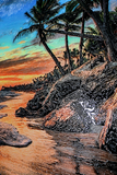 Tropical beach scene with palm trees and rocky shoreline at sunset.