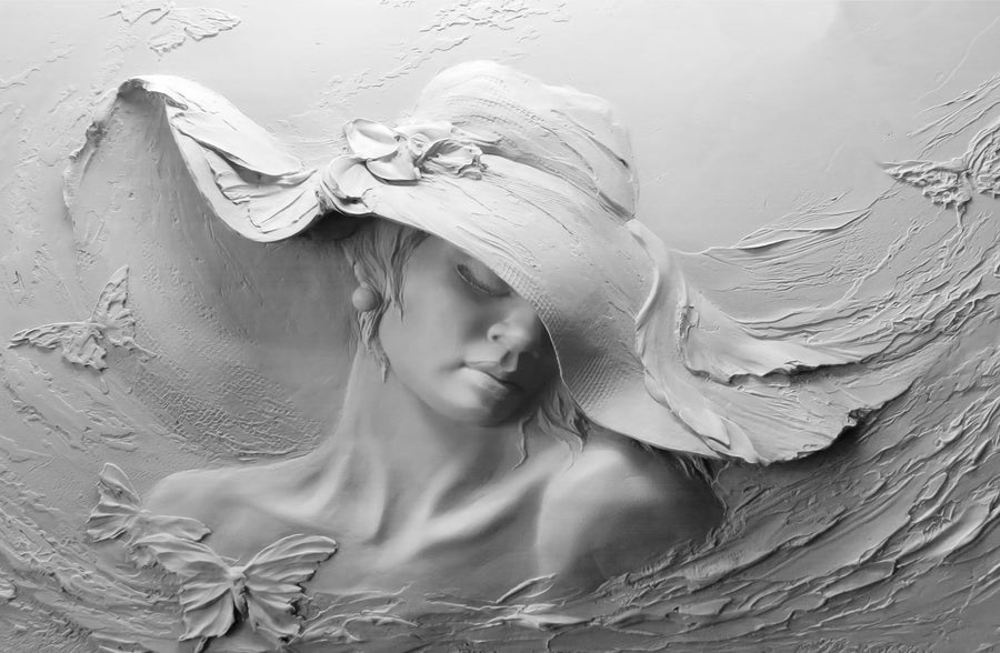 Alabaster Muse & Butterflies — 3D Haptic Embossed High-Gloss Luxury Wall Art