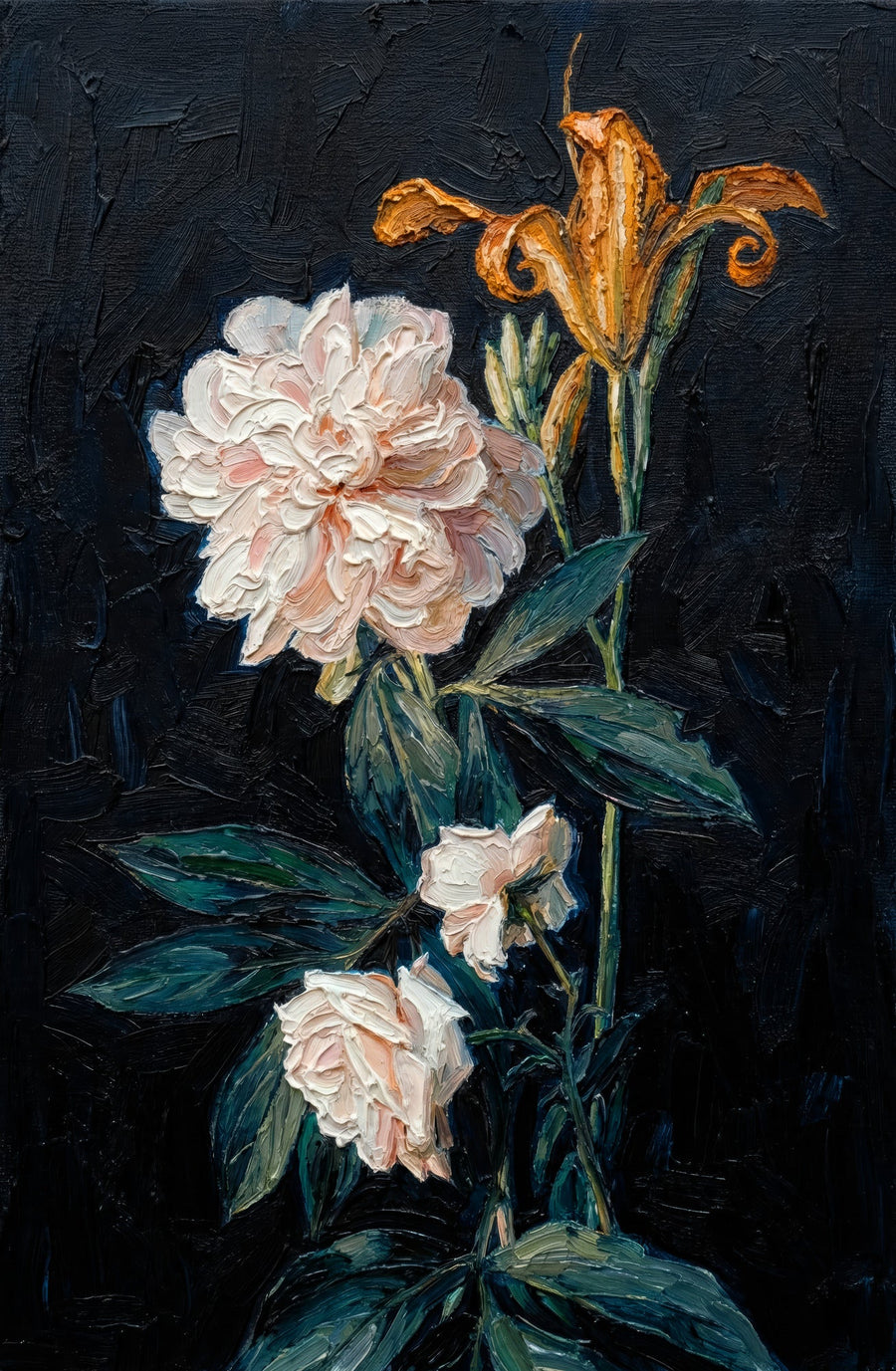 Midnight Peony & Amber Lily — 3D Haptic Embossed High-Gloss Luxury Wall Art