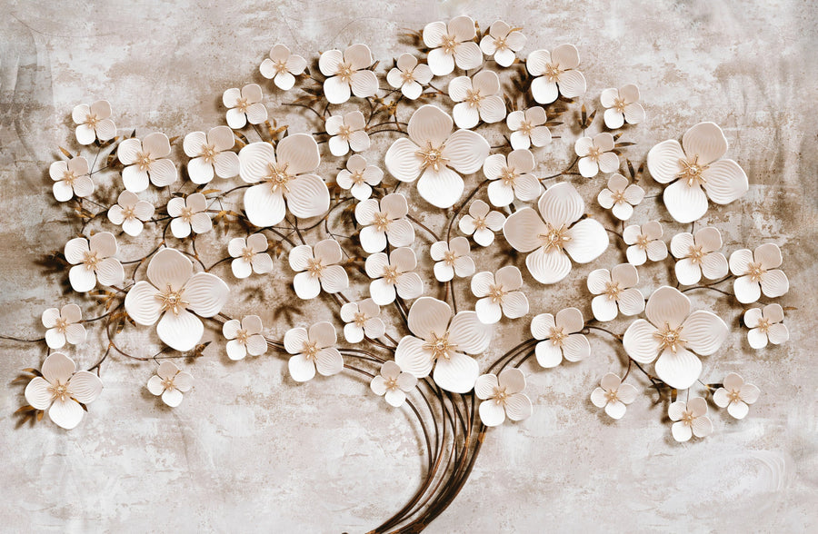 Ivory Floral Symphony — 3D Haptic Embossed High-Gloss Luxury Wall Art