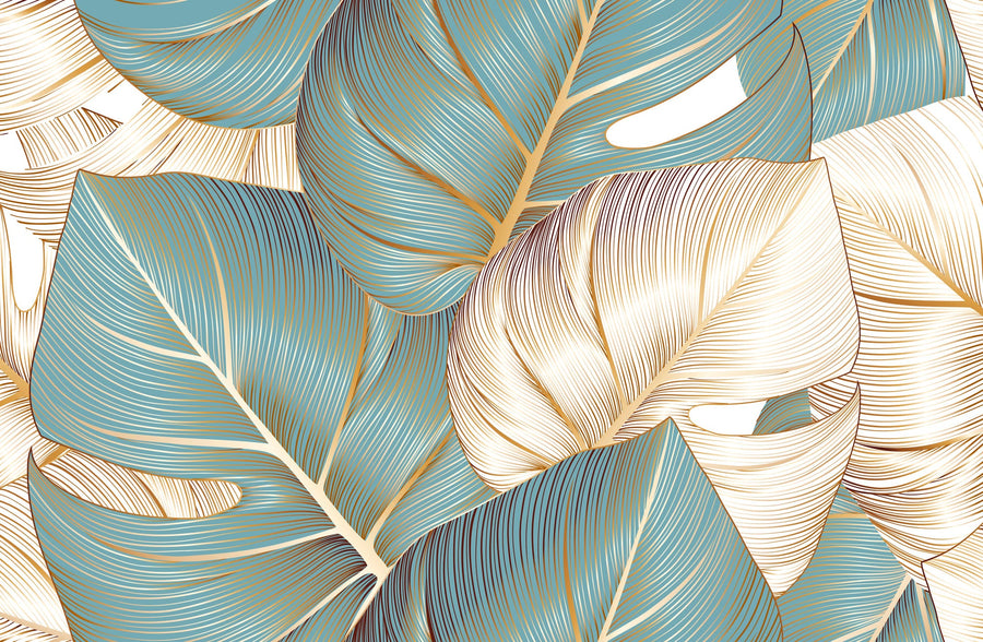 Azure Gilded Monstera — 3D Haptic Embossed High-Gloss Luxury Wall Art