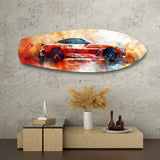 Orange Sports Car Watercolor Glass Wall Art.