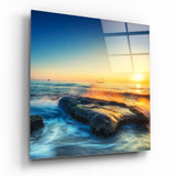 Coucher de Soleil sur l'Océan Côte Rocheuse tableau en verre - 40x40 cm