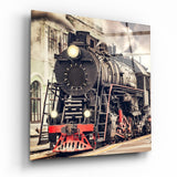 Vintage Schwarze Dampflokomotive Frontansicht Glasbild - 40x40 cm