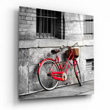 Red Bicycle Basket Brick Alley Glass Wall Art - 40x40 cm